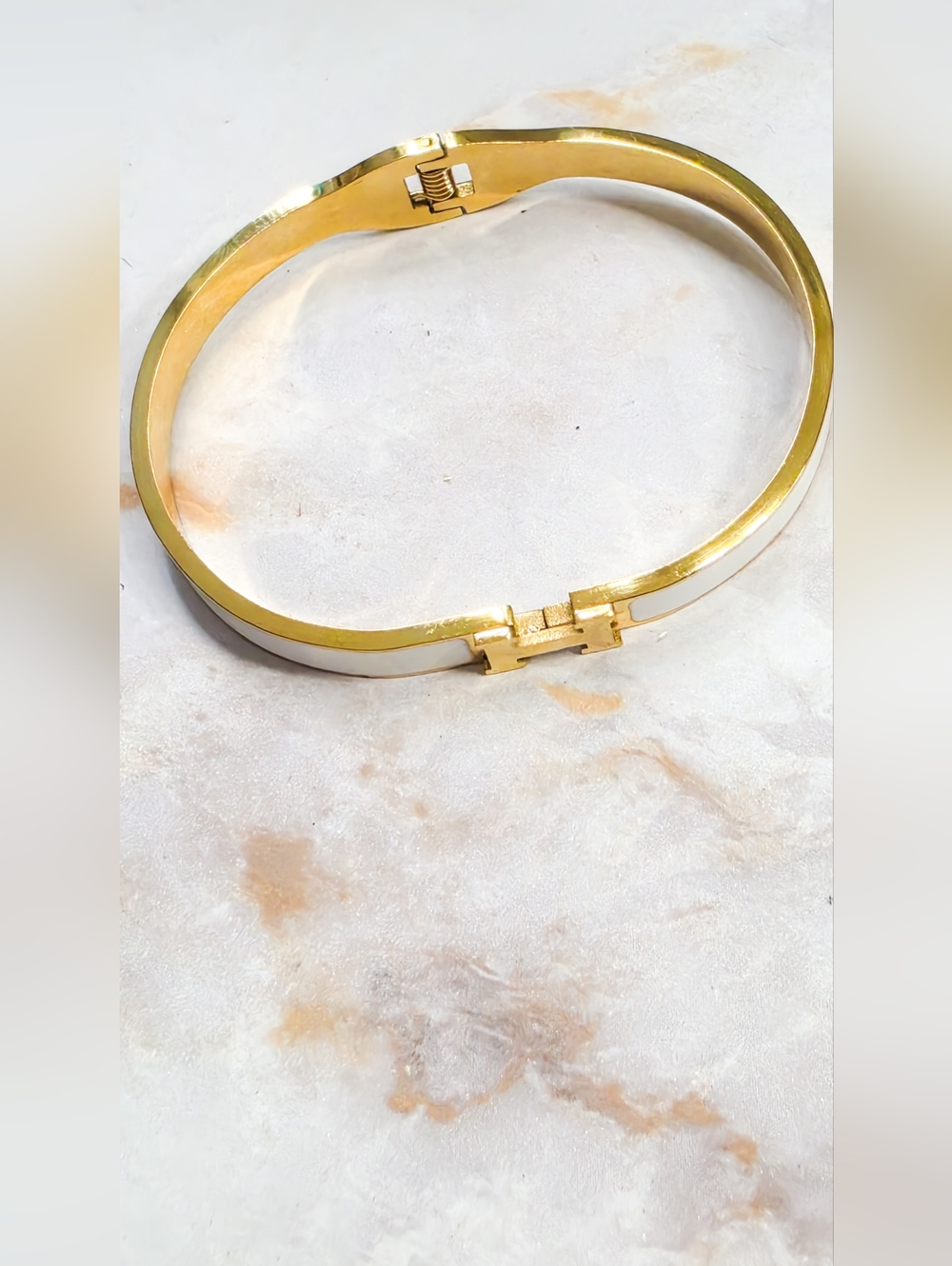 Luxury Inspired White Enamel H Bangle Bracelet Gold Tone Titanium Designer Cuff - Picture 4 of 6